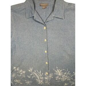 Capacity Womens Blue Cotton Tropical Border Print Short Sleeve Camp Shirt Large